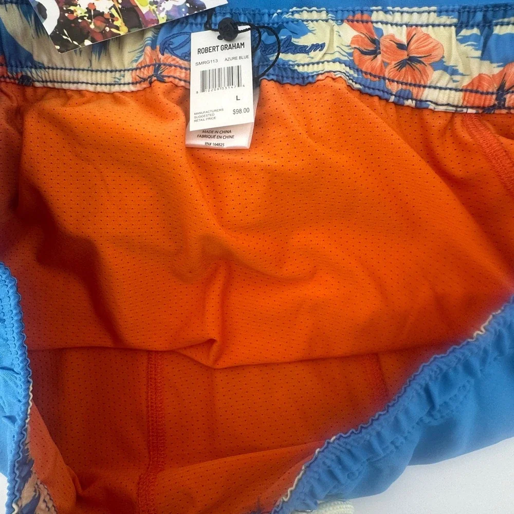 Robert Graham Swim Trunks Mens Large Azure Blue Floral Pocket Regular Modern New
